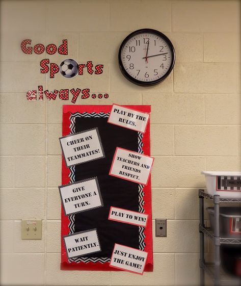 Sports Classroom Tour - Totally Teamwork! Physical Education Bulletin Boards, Sports Classroom, Team Theme, Classroom Tour, Cursive Alphabet, Black Spray Paint, Sports Wall, Classroom Theme, My Classroom