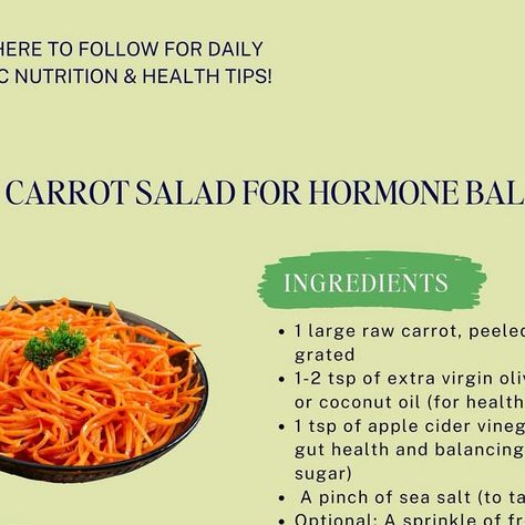 Laura Villanueva | BSC, Nutrition Science, Nutritionist on Instagram: "Looking for a simple way to support hormone health? You’ve GOT to try a raw carrot salad!🌟

This is one of the most simple and effective ways to support your hormones through food, especially for those dealing with estrogen dominance. Estrogen is metabolized in the liver and excreted through the bile and stool. If not properly eliminated, it can be reabsorbed, contributing to estrogen dominance.

Here’s how a raw carrot salad can help👇

🥕Detoxifies Excess Estrogen
Raw carrots contain a unique fiber that binds to excess estrogen, helping your body remove it through bowel movements. This can reduce estrogen dominance, a condition linked to PMS, fibroids, and more.

🥕Supports Digestion

Raw carrots improve digestion an Reduce Estrogen, Raw Carrot Salad, Excess Estrogen, Raw Carrots, Nutrition Science, Estrogen Dominance, Carrot Salad, Hormone Health, The Liver