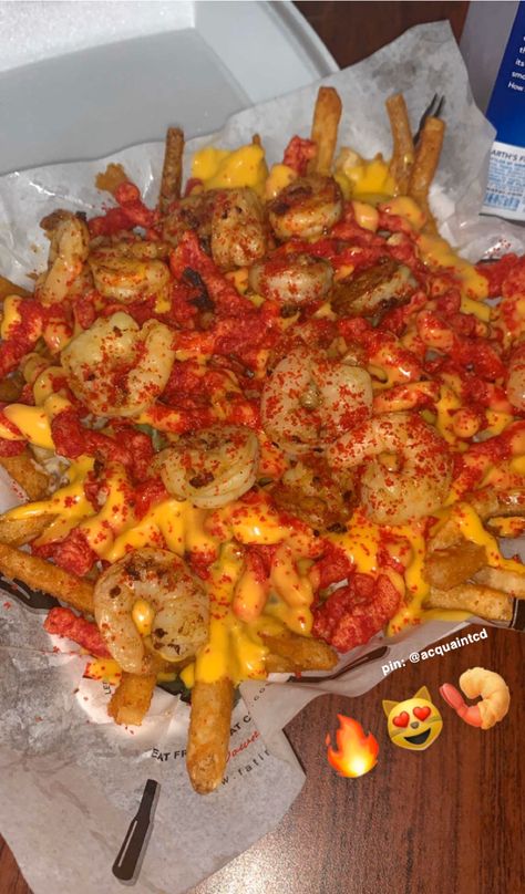 loaded fries with cheese, shrimp, and hot cheetos 🥵 pin: @acquaintcd Hot Fries Chips Aesthetic, Hot Cheetos Seafood, Hot Cheetos Snack Ideas, Hot Cheeto Food Ideas, Spicy Snacks For Party, Triple Dipper Chillis, Hot Cheetos With Cheese, Hot Cheetos Aesthetic, Loaded Fries Ideas