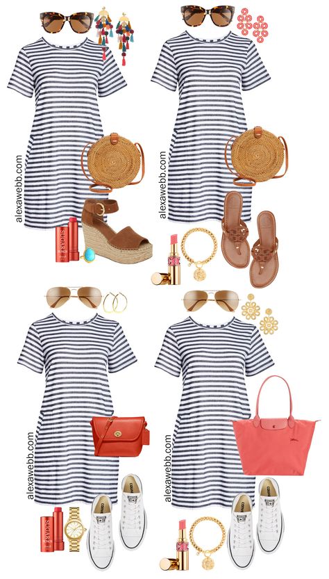 Plus size stripe t-shirt dress oufits, one dress styled four ways!  Just switch up the accessories and shoes to wear multiple ways for endless looks. Over Size T Shirt, Sandals Preppy, Comfy Travel Outfit, Alexa Webb, Rugby Stripe, Shirt Dress Outfit, Striped T Shirt Dress, Travel Outfit Summer, Stripe T Shirt