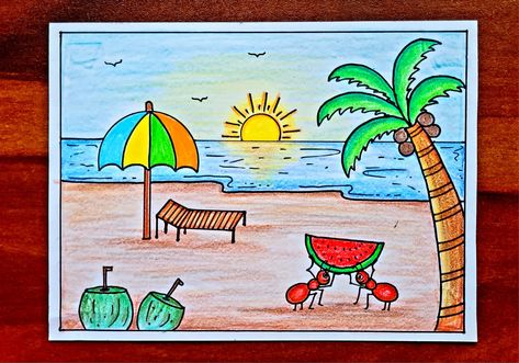 Video Tutorial uploaded on Amrita Drawing Book Channel. Subscribe for more creative Drawings and School Projects. #Summer #season #summerseason #drawing #easydrawing #drawingforkids #Tutorial #Youtube #howtodraw #simple #easy #Typeofseasons Drawing On Summer Season, Drawing Of Summer Season, Sea Related Drawings, Summer Season Drawing Ideas, Summer Holidays Drawing, Summer Drawings Easy For Kids, Summer Season Crafts For Kids, Waxing Drawing, Education Related Drawings