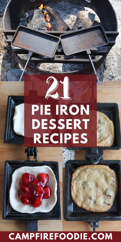 Dessert Pie Iron Recipes, Fire Pie Iron Recipes, Camping Iron Recipes, Camping Pies Recipe, Pudgie Pie Dessert Recipes, Pie Iron Desserts Camping, Camping Iron Pie Recipes, Camping Meals Pie Iron, Campfire Cherry Pie