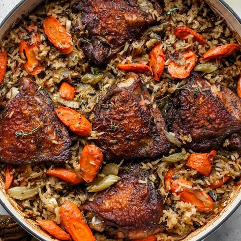 One Pan Herby Chicken and Wild Rice Chicken Thigh Wild Rice Casserole, Herby Chicken, Kale And White Bean Soup, Kale And White Bean, Butter Cauliflower, Meat Ideas, Butternut Squash Kale, Wild Rice Recipes, Pan Chicken Recipes