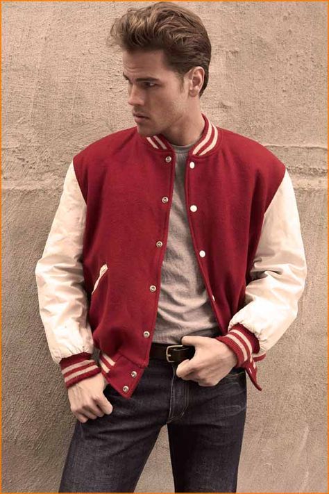 Vintage varsity jacket with leather sleeves. Photo - David Needleman for The New York Times School Jacket Outfit, Varsity Jacket Outfit Mens, Varsity Jacket Aesthetic, Letterman Jacket Outfit, Varsity Jacket Outfit, Vintage Varsity Jacket, School Jacket, College Jackets, Varsity Jacket Men