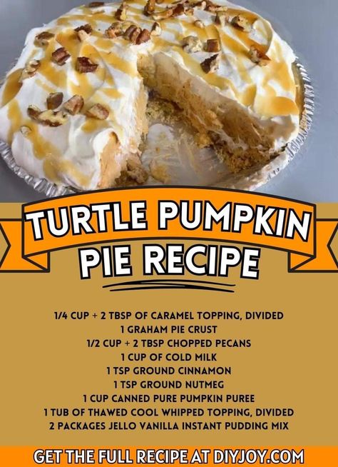 No Bake Turtle Pumpkin Pie, Pumpkin Turtle Pie, Turtle Pumpkin Pie Recipe, Turtle Pumpkin Pie, Turtle Pie Recipe, Turtle Pumpkin, Turtle Pie, Diy Joy, Savory Pumpkin Recipes