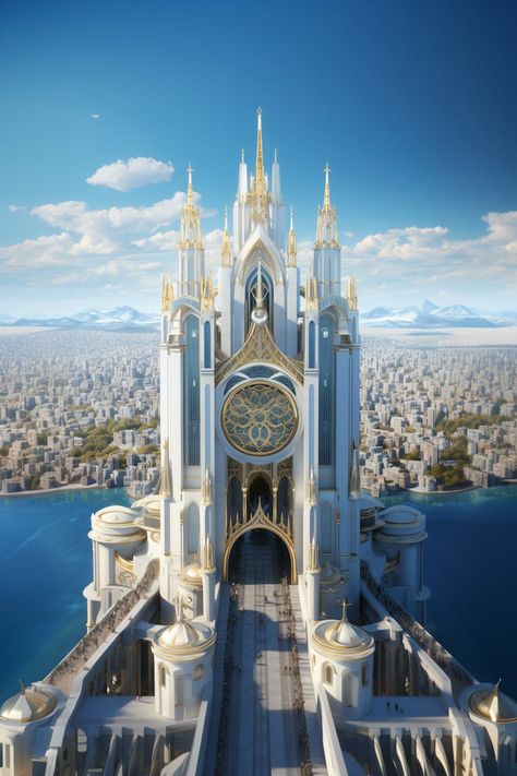 Futuristic Gothic Architecture, Fantasy Modern City, Modern Fantasy City, Futuristic Castle, Cathedral House, Modern Cathedral, Aesthetic Settings, Environments Art, Dnd Locations