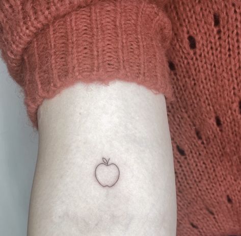 Apple Wrist Tattoo, Matching Teacher Tattoos, Dainty Apple Tattoo, Eaten Apple Tattoo, Fine Line Apple Tattoo, Apple Tattoo Ideas, Teacher Tattoo Ideas, Teaching Tattoos, Small Fine Line Tattoo