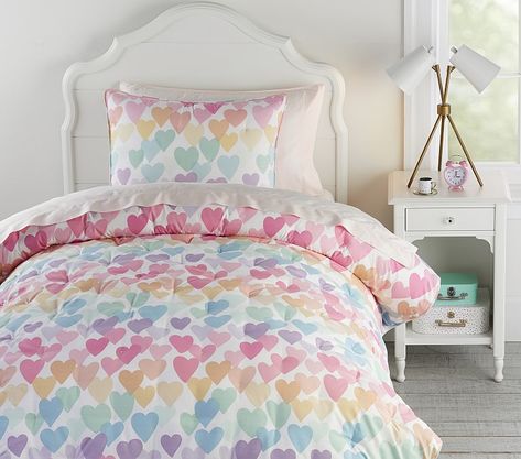 Evie Heart Dream Puff Comforter | Pottery Barn Kids Girl Playroom, Flannel Duvet Cover, Kids Comforters, Playroom Furniture, Bed In A Bag, Quilted Sham, Girl Beds, Big Girl, Kids Bedding