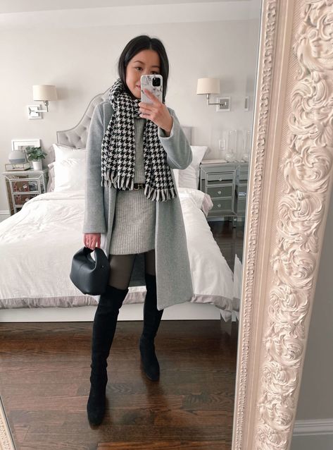 winter outfit with oversized scarf // polene paris beri bag review Polene Beri Outfits, Polene Outfit, Polene Beri, Polene Paris Bag, Fleece Lined Tights, Lined Tights, Houndstooth Scarf, Winter Travel Outfit, Extra Petite