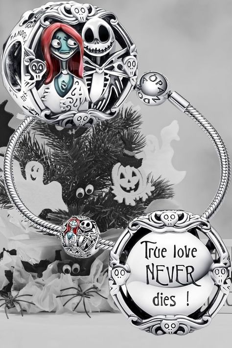 Great gift idea for Halloween and Christmas! Happy Halloween! Celebrate the creepiest time of the year with a special charm inspired by Disney's The Nightmare Before Christmas by Tim Burton It is hand-finished in sterling silver and engraved on one side with Disney's Sally and Jack Skellington and on the other side with the engraving "True love NEVER dies" Add the King and Queen of Halloween to a charm holder of your choice and celebrate the love that never dies Sally And Jack Skellington, Sally And Jack, True Love Never Dies, Queen Of Halloween, Pandora Charms Disney, Charms Pandora, Pandora Disney, Charm Holder, Love Never Dies