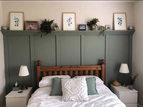 Green And Grey Panelling Bedroom, Emerald Green Panelling Bedroom, Green Half Panel Wall, Green Paneled Bedroom, Dark Green Bedroom Panneling, White And Green Panelling, Green Bedroom Wall Panelling, Bedroom Panneling Ideas Green, Wall Panelling Bedroom Headboards