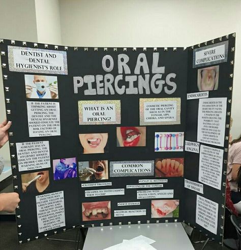 Dental hygiene table clinic on oral piercings ~`~`~` Dental Projects Ideas, Dental Hygienist Graduation, Dentist Hygienist, Tooth Extraction Healing, Registered Dental Hygienist, Dental Assistant Study, Sensitive Teeth Remedy, Dental Hygiene School, Tiny Jewelry