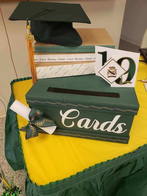 Card box decorated with books showing names of elementary, middle, and high school; graduation cap; and tassle Ideas For Graduation Party, Card Box Ideas, Graduation Box, High School Graduation Cap, Box Display, Graduation Ideas, High School Graduation, Graduation Party Decor, School Graduation