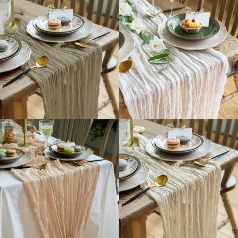 PRICES MAY VARY. 100% Cotton Gauze Table Runner Your Magic Moment table scarf is made of 100% cotton cheese cloth fabric which is a natural and breathable material that is both durable and easy to care for Extra long gauze table runner set has 118 inch long and 33 in wide each; rustic table runner has an ultimate size which is perfectly matches to any types of tables (round or rectangular) All ends are finished; this 100% cotton white cheesecloth table cloth runner has no frill ends; all ends ar Cheap Table Cloth Ideas, Cheese Cloth Table Runner Wedding, Centerpieces Round Table, Boho Dinner Table, Harvest Table Wedding, Gauze Table Runner Wedding, Rustic Table Decorations, Table Cloth Ideas, Boho Table Setting