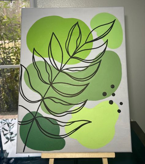 Canvas Painting With Stencils, Minimal Acrylic Painting Ideas, Yellow And Green Painting Ideas, Plant Acrylic Painting Easy, Easy Paintings For Home Decor, Easy Greenery Painting, Green Plant Painting Easy, Plant Canvas Art, Greenery Canvas Painting