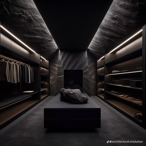 Black Houses Interior, Dark Luxury House, Dark Modern House Interiors, Modern Walk In Closet, Dark House Interior, All Black Bedroom, Black Luxury House, Dark House Aesthetic, Dark Closet