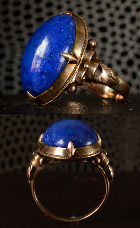 1890-1900s 14K Mounting with Lapis Lazuli, $795 This is very similar an antique Chinese mounting we had last year. This one has American looking marks, but it’s possible it was made in China as well. Both of these lovely mountings I found without their stones, so the lapis was custom cut for it. It’s period-appropriate though. I’d bet it had either turquoise or lapis originally. Lapis Lazuli Jewelry, Lapis Lazuli Ring, Egyptian Jewelry, Blue Jewelry, Made In China, Antique Jewellery, Art Deco Jewelry, Antique Rings, Pretty Jewellery