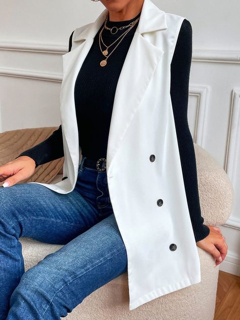 White Sleeveless Blazer Outfit, Blazer Without Sleeves, Blazer Outfits Hijab, Sleeveless Blazer Outfit, White Vest Outfit, Plain Vest, Double Breasted Vest, Women Blazers, Suit Ideas