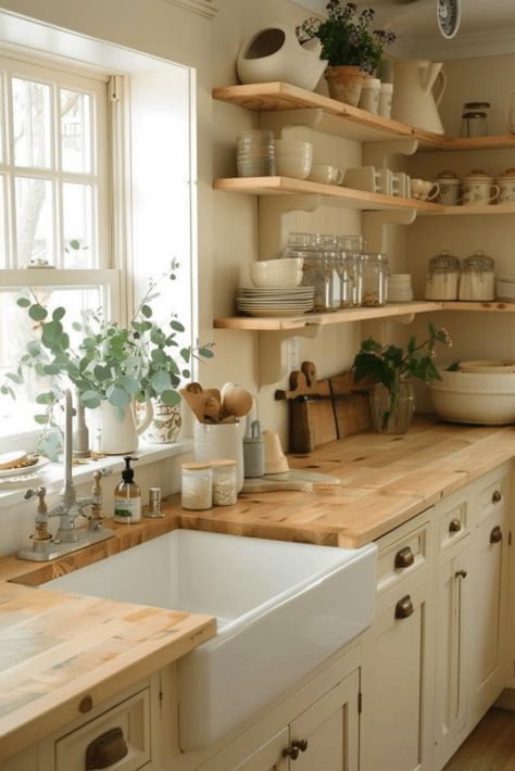 47  Cottage Kitchen Ideas for a Cozy, Country-Inspired Space Kitchen Reno Ideas Farmhouse, Cottage Core Farmhouse Aesthetic, Cream Cottage Kitchen, Small Cottage Kitchen Inspiration, Silo Cottage, English Cottage Kitchen Ideas, European Cottage Kitchen, Cottage Kitchen Aesthetic, Kitchen Design Cottage