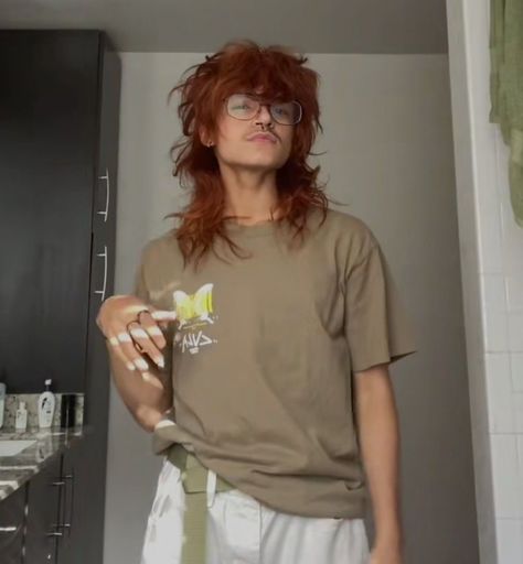 Alt Shaggy Mullet, Dyed Top Of Hair, Did Alter Faceclaims, Alternative Male Hairstyles, Adrogonus Hair Long, Mens Grunge Hair, Mullet Transmasc, Trans Masc Long Hair, Redhead Mullet