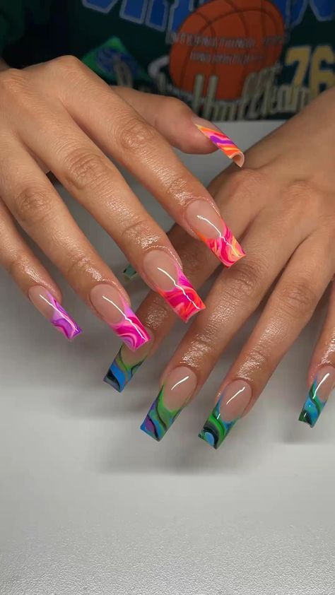 Acrylic Nail Designs Asethic, Nails With Different Designs On Each Hand, Extra Vacation Nails, Edgy Colorful Nails, Long Almond Acrylic Nails Designs Summer, Crazy French Tip Nails, Braider Nails Ideas, Colorful Nails Square, Festival Nails Acrylic