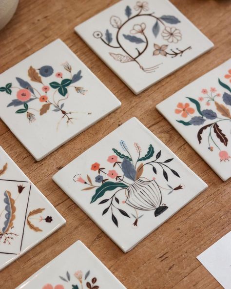 Last year I made this collection of hand painted ceramic tiles with the help of my dear friend @winterwares , who kindly spent her day off… | Instagram Ceramic Tile Painting, Flora Waycott, Ceramic Tile Crafts, Tile Making, Painted Ceramics, Painting Ceramic Tiles, Tile Crafts, Hand Painted Tiles, My Dear Friend