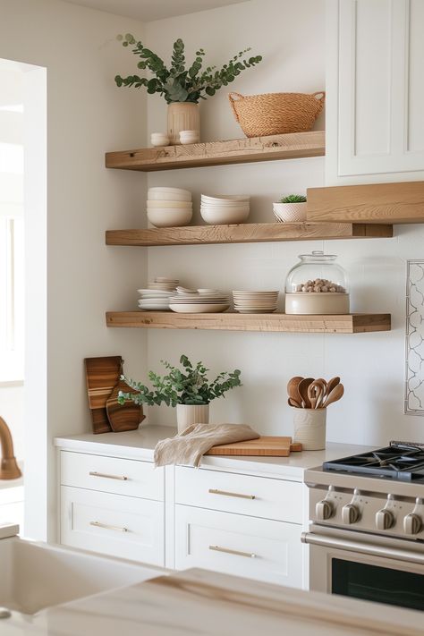 10 Paint Colors You'll Love For Your Small Kitchen Kitchen Open Shelf, Boho Modern Kitchen, L Shape Kitchen Design, Small Kitchen Colors, Brown Countertop, Kitchen Open Shelves, Small White Kitchens, Wood Countertops Kitchen, Floating Shelves Kitchen