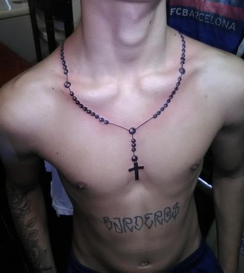 Rosary Tattoo Neck, Rosary Tattoo For Men Chest, Rosario Tattoo Design, Bead Tattoo, Rosary Bead Tattoo, Virgin Mary Tattoo, Rosary Tattoo, Mary Tattoo, Card Tattoo Designs