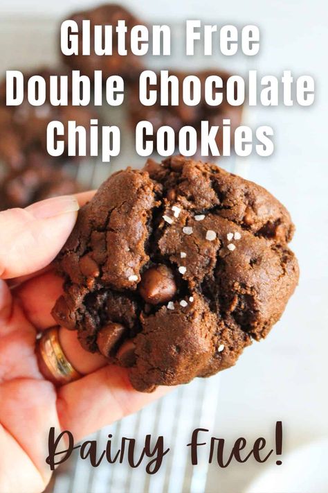 These gluten free double chocolate chip cookies are the ultimate treat for chocolate lovers. Cocoa powder and semi-sweet chocolate chips make these cookies super chocolatey and irresistible. They'll be popular among all age groups! Cookies Dairy Free, Vegan Chocolate Cookies, Chocolate Fudge Cookies, Gf Cookies, Gluten Free Flour Mix, Gluten Free Pastry, Dairy Free Chocolate Chips, Fudge Cookies, Gluten Free Chocolate Chip Cookies