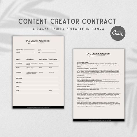 "Looking to team up with influencers or brands without the headache? Check out our easy-to-use UGC Creator Agreement Template. It's got everything you need to get started, all in a simple and clear format. Great for influencers and brands, this template makes working together a breeze. Grab your copy and kick off your collaborations stress-free! How to access your template? 1. Once the payment is complete, the download will be available in your purchase area. (Go to You > Purchases and Reviews > Click the button \"Download Files\"). Etsy will also send it via email. Please note that Etsy doesn't allow yet to download purchased digital products via a mobile Etsy app. Have access to your digital files via a laptop/computer or a regular browser on your mobile device. If you purchased as a gue Content Influencer, Website Creator, Media Kit Template, Price List Template, Workbook Template, Contract Template, Portfolio Templates, Legal Advice, Influencer Marketing