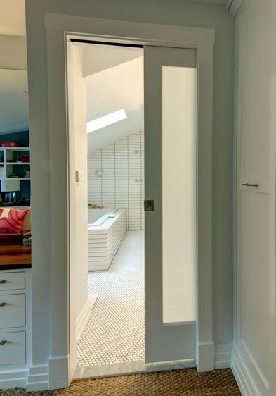 Pocket Door with Frosted Glass Glass Pocket Doors Bathroom, Bookcase Walls, Nyc Bathroom, Pocket Doors Bathroom, Bathroom Door Ideas, Glass Pocket Door, Glass Pocket Doors, Glass Doors Patio, Sliding Pocket Doors