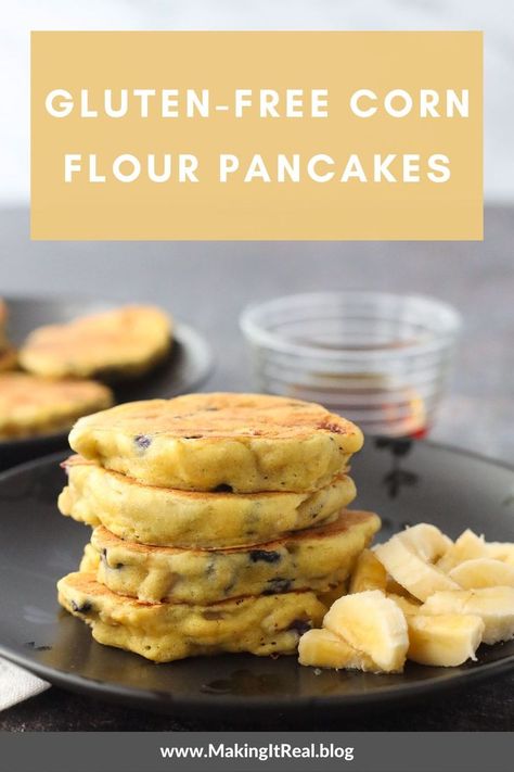 Stack of four gluten-free corn flour pancakes on a black floral plate. Corn Flour Pancakes Recipe, Corn Flour Pancakes, Corn Flour Recipes, Corn Pancakes, No Flour Pancakes, Flour Pancakes, Sugar Recipes, No Dairy, Spiralizer Recipes