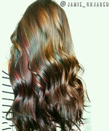 Hair For Brunettes, Oil Slick Hair Color, Midnight Hair, Oil Slick Hair, Rainbow Highlights, Slick Hair, Light Brunette, Rainbow Hair Color, Long Haircuts