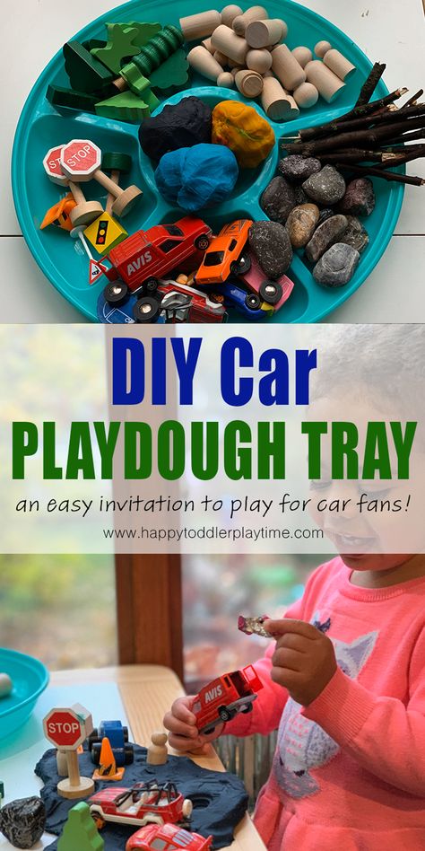 Create this simple car play dough for any car or truck fan for an amazing fine motor activity for toddlers or preschoolers. Transport Play Ideas, Car Provocations, Clay Activities For Preschoolers, Car Activities For Preschoolers, Transportation Playdough, Toy Car Activities, Car Activities For Toddlers, Car Activities For Kids, Truck Activities