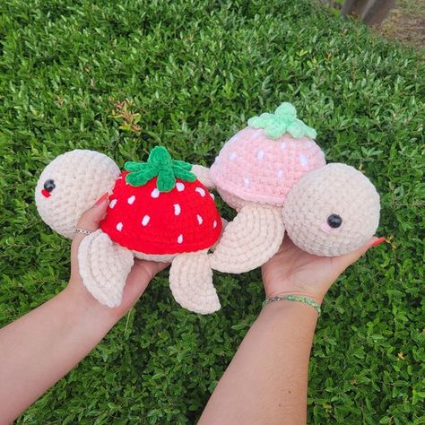 Crochet Strawberry Turtle Plushie | Gift | Handmade Amigurumi Crochet toys free patterns easy #crochettoysfreepatternseasy #crochet #crochettoy #crochetpattern #crochetpatterns 4.898 Crochet Strawberry Animals, Strawberry Turtle Crochet, Crochet Strawberry Turtle, Strawberry Turtle, Crochet Turtles, Plushie Gift, Turtle Plushie, Strawberry Crochet, Crochet Turtle Pattern