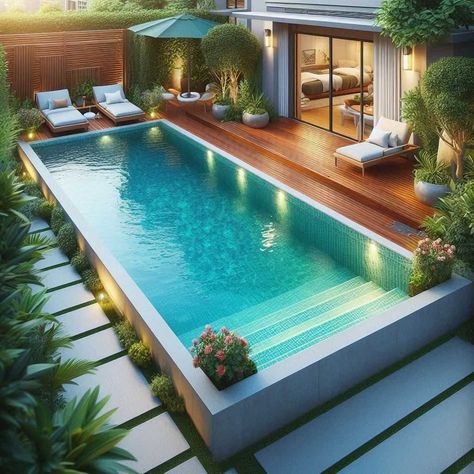 Discover 38 Small Backyard Pool Ideas: Maximizing Your Outdoor Oasis » HomeDecorFull Small Modern Pool, Elevated Pool, Small Pools Backyard, Raised Pools, Small Backyard Pool Ideas, Cocktail Pool, Small Backyard Pool, Backyard Pool Ideas, Backyard Pool Design