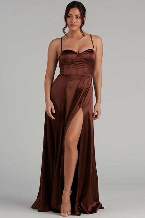 Formal Dresses & Gowns | Long to Short Formal Dresses | Windsor Brown Dresses Formal, Corset Outfits, Satin Corset Dress, Homecoming Outfits, Summer Trends Outfits, Satin Corset, Corset Bodice, Rhinestone Heels, Windsor Dresses