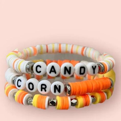 Hand Crafted | Jewelry | Candycornstackheishistretchbracelets | Poshmark Make Clay Beads, Fall Bead, Clay Bead Necklace, Beaded Braclets, Holiday Bracelets, Homemade Bracelets, Halloween Clay, Autumn Bracelet, Polymer Clay Bracelet