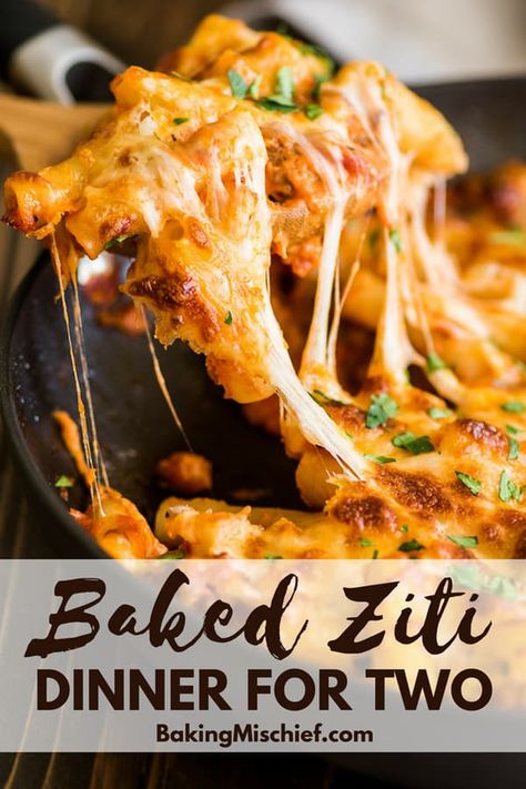 One of my favorite pasta dishes!! This Easy Baked Ziti Recipe for Two is a fabulous no-stress, no-fail dinner recipe that tastes great, looks beautiful, and couldn't be simpler to throw together. | #weeknightdinner | #pasta | #dinnerfortwo| #datenight | Baked Ziti For One, Pasta Dish For Two, Easy Dinner Recipes For Two Pasta, Small Batch Baked Ziti, Small Batch Entrees, Easy Pasta Recipes For Two, Baked Ziti For Two, Pasta Dishes For Two, Pasta For 2 Recipes