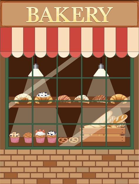 Bakery shop building facade | Premium Vector #Freepik #vector #food-clipart #bread-cartoon #cartoon-drawing #bakery-shop Cute Bakery Drawing, Bakery Shop Drawing, Anime Bakery, Bakery Drawing, Bakery Cartoon, Environment Moodboard, Bakery Window, Kitty Crafts, Bakery Shop Design