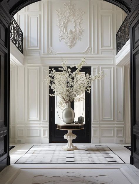 Entrance Hall Ideas Luxury, Interior Design Neo Classic, Neoclassical Interior Design Luxury, Elegant Entrance Hall, Gatsby Interior Design, Old Money Interior Design, Old Money Interior, Window Seat Ideas, Modern Georgian