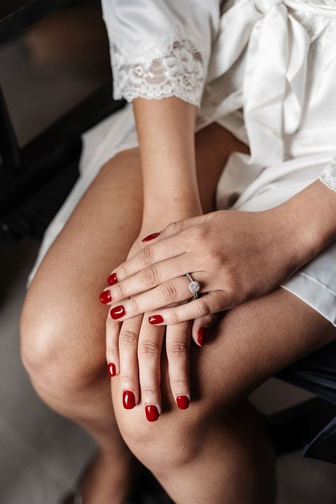 Bride with dark red wedding nails with diamond engagement ring Bride With Red Nails, Bride Red Nails, Bride Nails Red, Wedding Red Nails, Red Wedding Nails For Bride, Engagement Nail Ideas, Engagement Nail, Red Wedding Nails, Nails Engagement