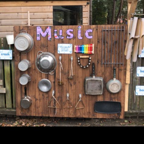 Music wall Music Wall Eyfs Outdoor Play, Outdoor Music Area Eyfs, Eyfs Music Wall, Eyfs Music Area Outside, Kindergarden Garden Play Areas, Outdoor Music Area, School Outdoor Area, Eyfs Outdoor Area, Outdoor Nursery