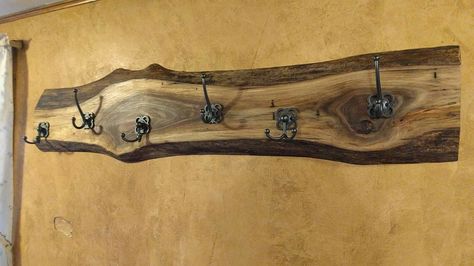 Black walnut coat rack milled with a chainsaw mill. Walnut Coat Rack, Milled Wood Projects, Black Walnut Wood Projects, Live Edge Coat Rack, Walnut Wood Projects, Walnut Wood Furniture, Live Edge Black Walnut, Rustic Log Furniture, Chainsaw Mill