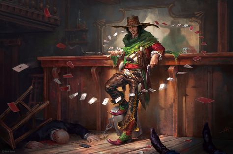 Mythgard. Bob "Banzai" Vaquero, Alexander Mokhov Western Gunslinger Art, Western Artwork, West Art, Cowboy Art, Dungeons And Dragons Characters, Dnd Art, Illustration Character Design, Dieselpunk, Western Art