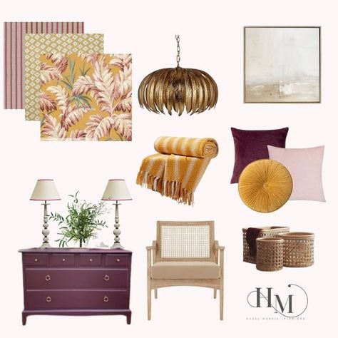 Hazel Morris Interiors on Instagram: "No blue Mondays here, it’s all about Mustard, aubergine and pink 😍 I can’t get enough of this colour combination. I hope your Monday hasn’t been too blue! #interiors#interiordesign #moodboard#bedroomdesign #bedroominspo #bedroomdecor #houseofhackney #wallpaper#concept#interiordesigner#moderndesign#bedroomstyle#tring#berkhamsted #chesham#wendover#home#homedesign#homestyle #homedecor#airbnbdesign #airbnbdecor #decor" Blush Living Room Ideas, Interiordesign Moodboard, Blush Living Room, Blue Interiors, Colour Combination, Living Room Ideas, Bedroom Inspo, Color Combinations, Room Ideas