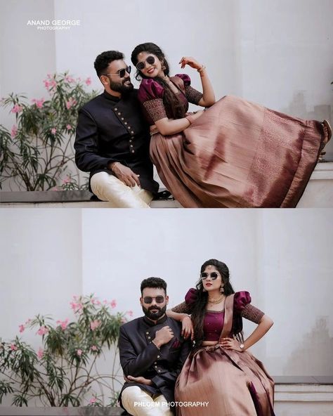 Kerala Engagement Dress Hindus, Hindu Engagement Dress Kerala, Kerala Engagement Dress Hindus Couple, Hindu Wedding Photos, Kerala Engagement Dress, Onam Outfits, Engagement Dress For Bride, Puff Blouse, Dresses Couture