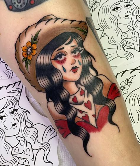 Pinup Style Tattoo, Clown Pinup Tattoo, Rodeo Clown Tattoo, Traditional Tattoo Cowgirl, Love Inspired Tattoos, American Traditional Pin Up Girl, Trad Woman Tattoo, American Traditional Tattoos Skull, American Traditional Cowgirl Tattoo