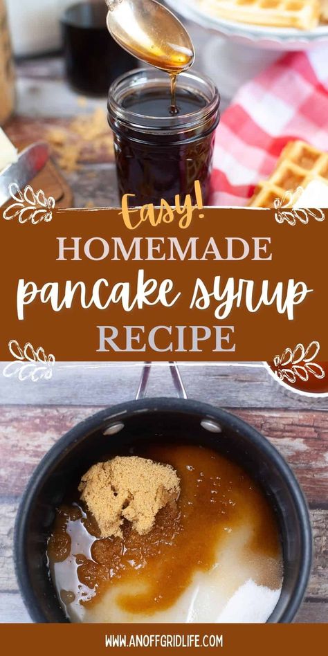 Easy homemade pancake syrup recipe text overlay on image of syrup in a jar with a spoon. Homemade Pancake Syrup, Pancake Syrup Recipe, Homemade Maple Syrup, Easy Homemade Pancakes, Homemade Pantry, Simple Syrup Recipes, Pancake Syrup, Homemade Condiments, Homemade Syrup