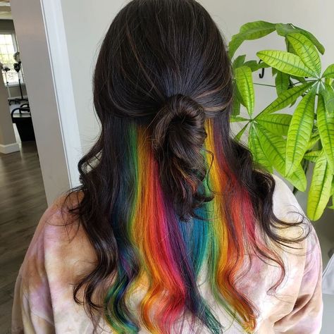 H a i r a h o l i c S a l o n’s Instagram post: “When you can't decide between natural or vivid.. Why not both? 🌈 🤷‍♀️ Taryn's peekaboo rainbow look was essentially two appointments at…” Wolf Cut, Peek A Boo, R A, Dark Brown, Hair Wrap, Rainbow, Instagram Post, Canning, Nails